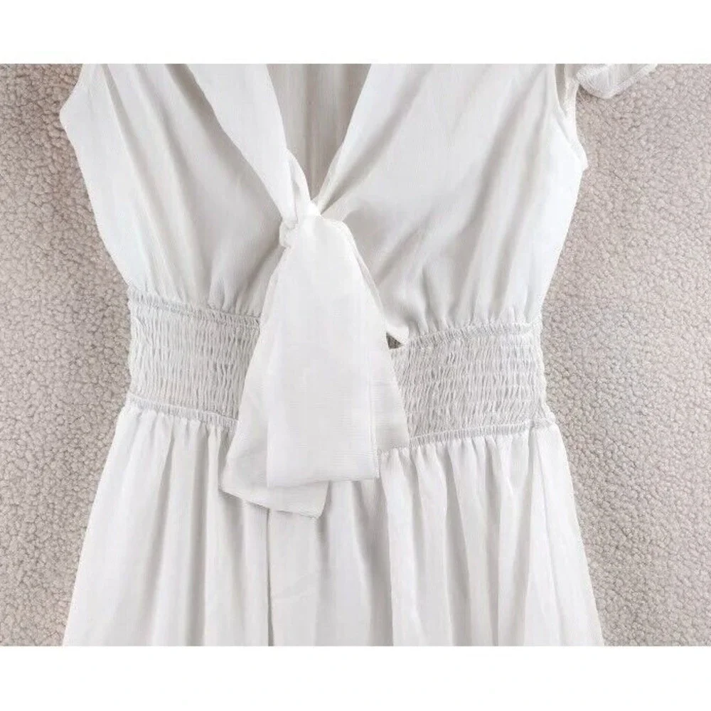 Cottagecore Puff Sleeve Tie Front Ruffle Mini Dress Smocked Waist Womens S White